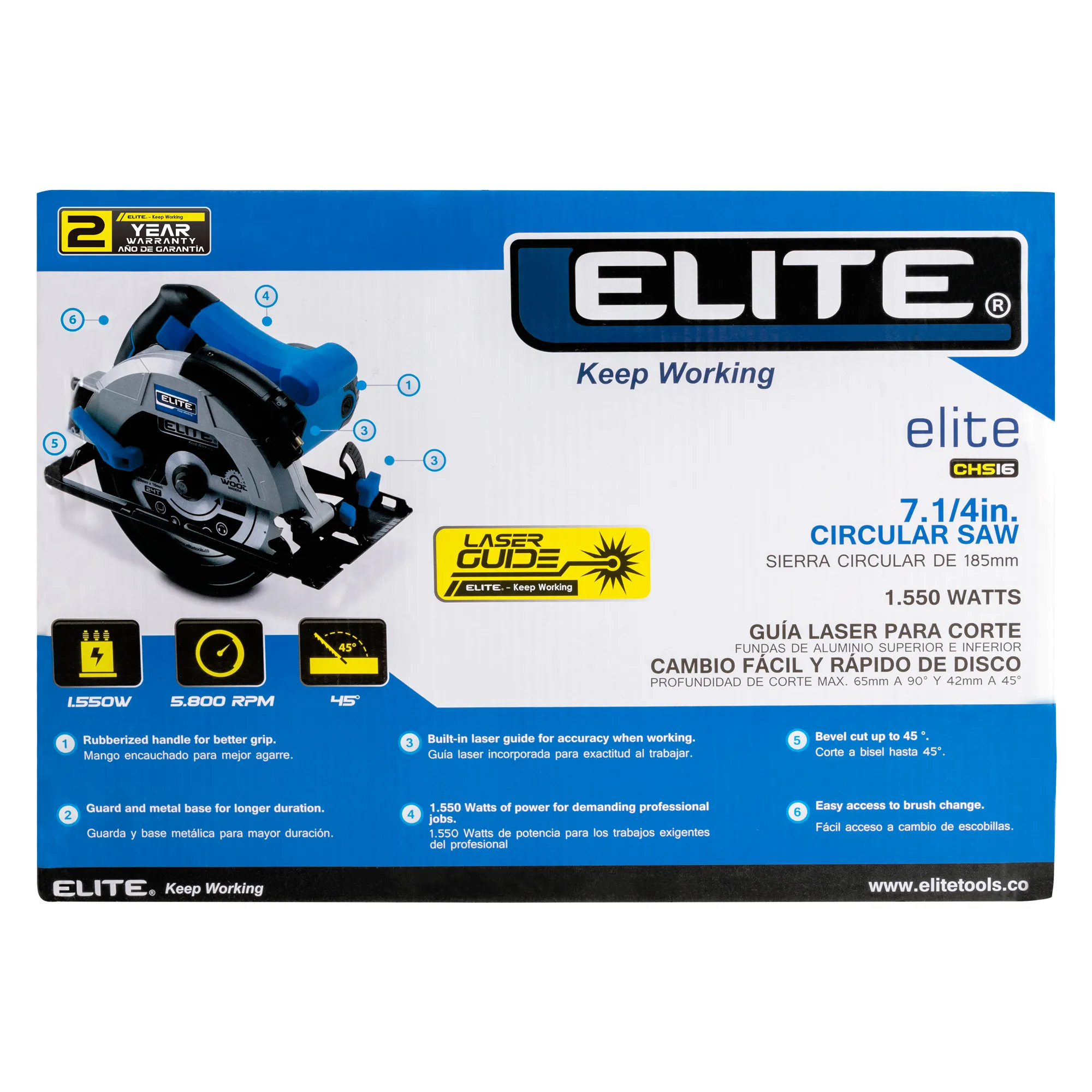 Sierra circular 1.550 W 5.800 RPM con guía láser Rf. CHS16 ELITE