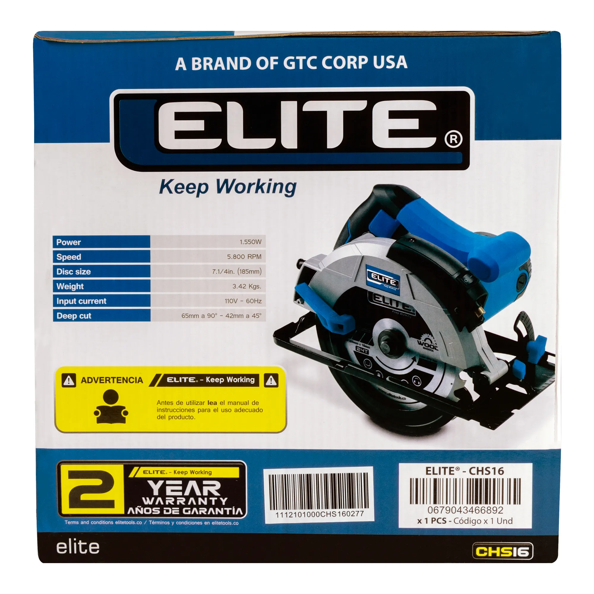 Sierra circular 1.550 W 5.800 RPM con guía láser Rf. CHS16 ELITE