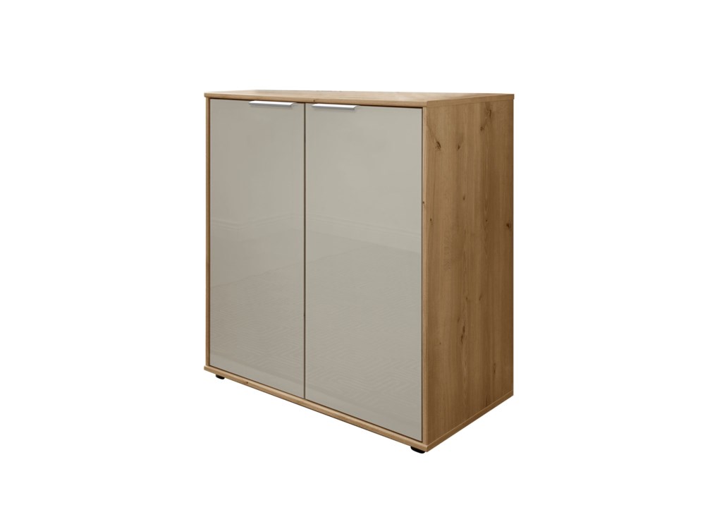 Commode Rota | 2 deurs | Wit decor | Zilver accent | wit glas