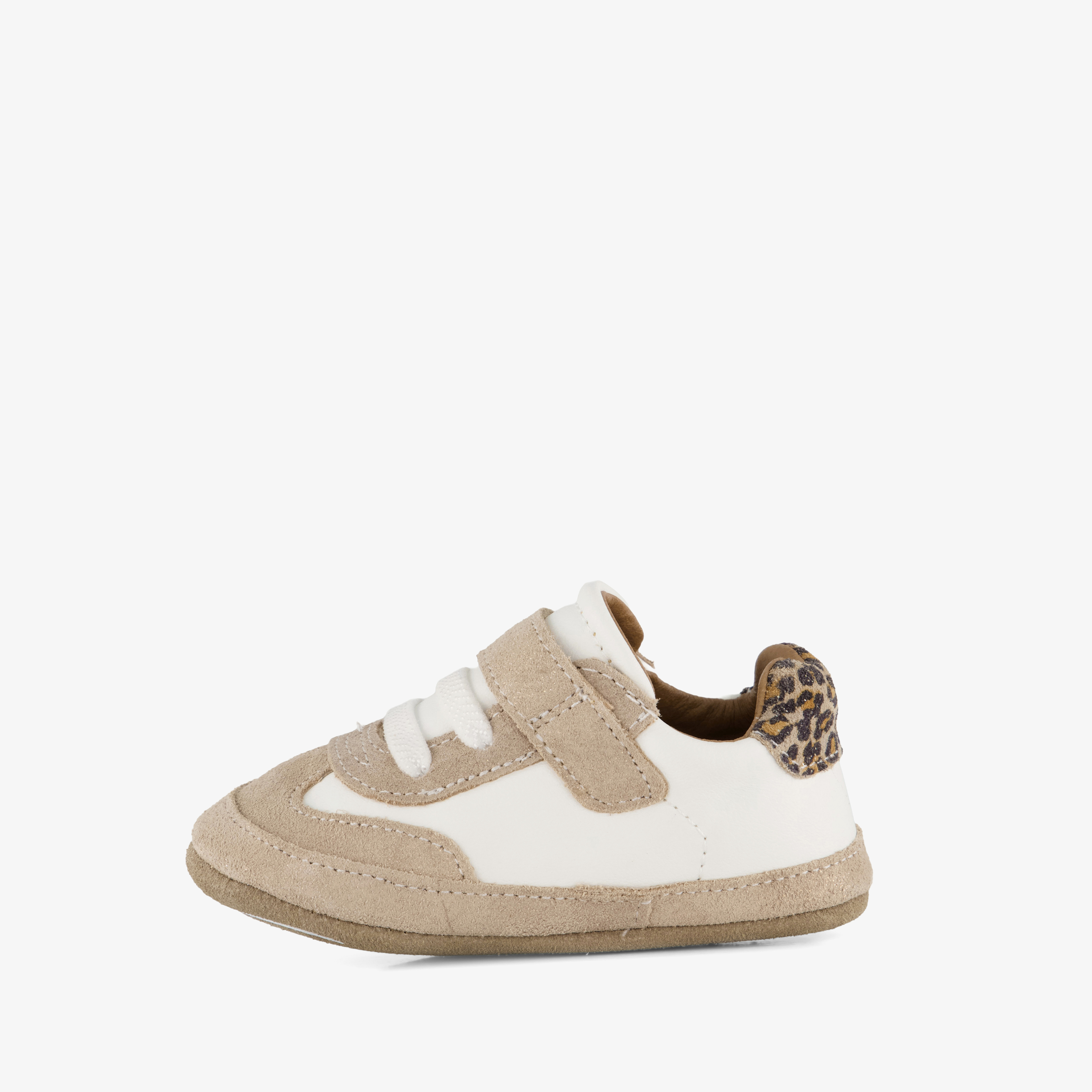 Groot suède babyschoenen met panterprint details beige