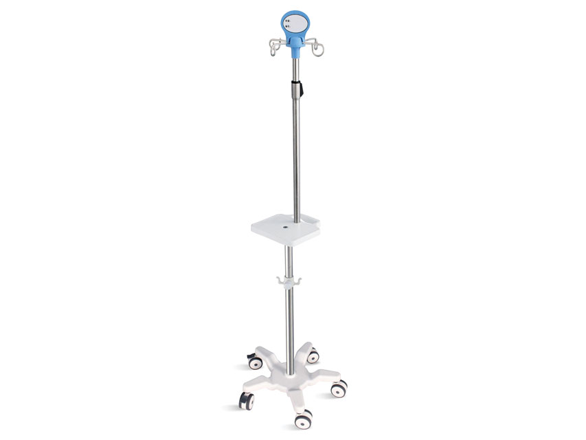 Infusionsständer auf Fahrgestell mit 5 Rollen Griff und Ablage – Edelstahl – 4 Haken – Belastbarkeit 20 kg