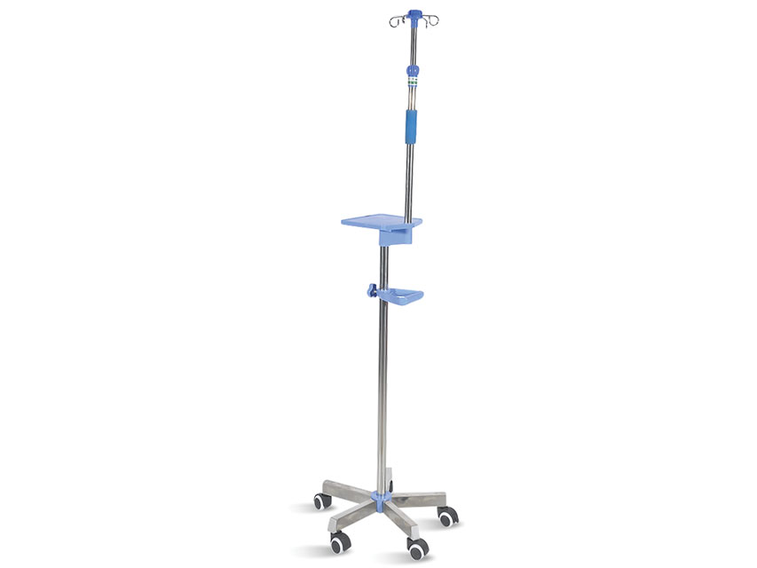 Infusionsständer auf 5 Rollen mit Griff und Ablage - Edelstahl - 4 Haken