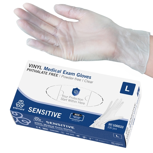 Handske us vinyl Evercare pf - L Sensitive ftalatfri AQL 1,5 - 100 stk.