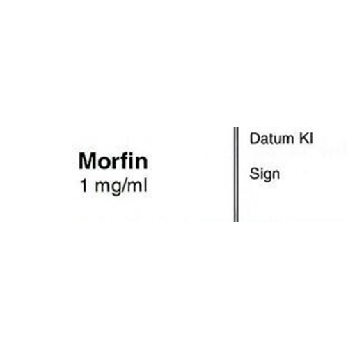 Sprøjteetiket Morfin 1 mg/ml - 12x50 mm hvid med sort tekst - 500 stk.