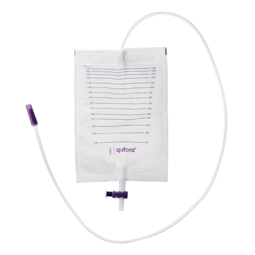 Tømbar urinpose Qufora - 1,5 l 110 cm T-ventil bulkpakning - 25 stk.