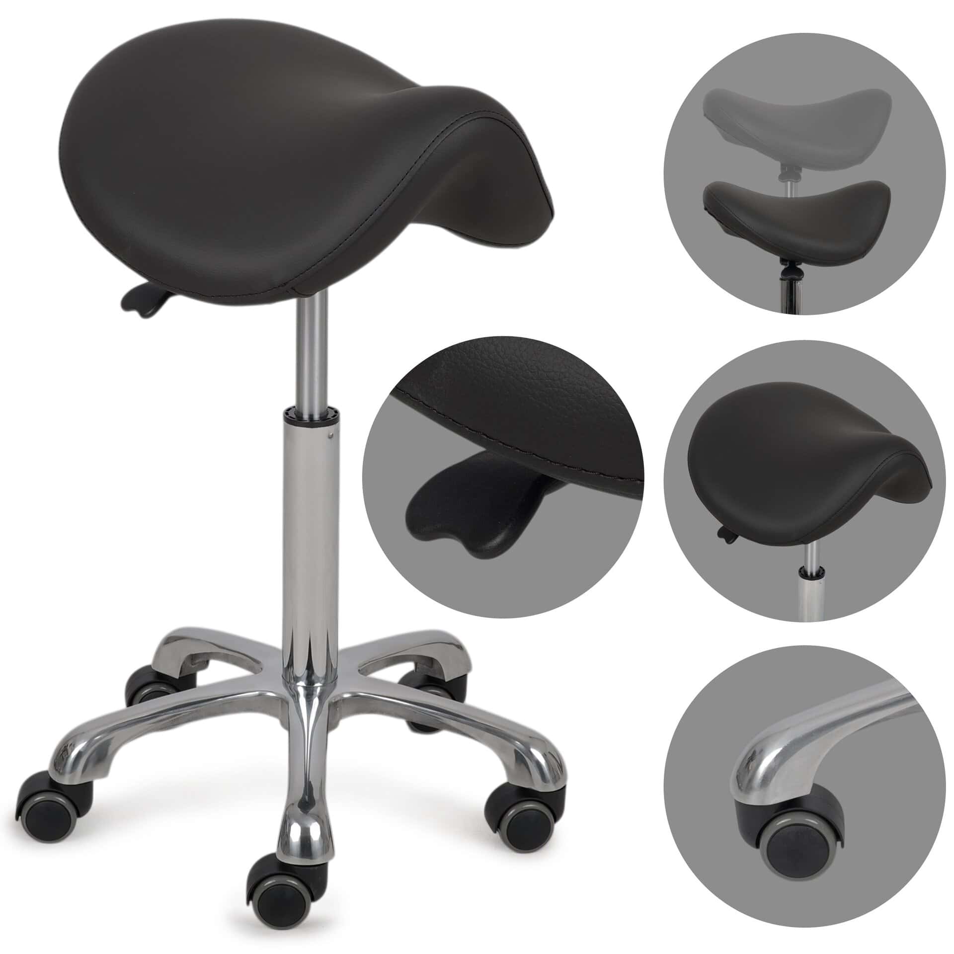 Krzesło siodłowe z metalu z czarną tapicerką PVC 55-75 cm - ALMA