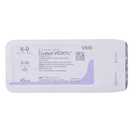Vicryl sutur 6-0 V555G - 45 cm nål S-29 - 12 stk