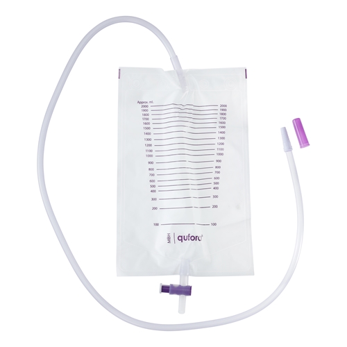 Tømbar urinpose Qufora - 2,0L 110cm T-ventil 6.6mm slange - 100 stk