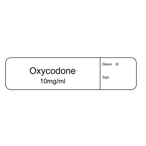 Ruiskuetiketti Oxycodone 10 mg/ml - 12x50 mm valkoinen mustalla tekstillä - 500 kpl