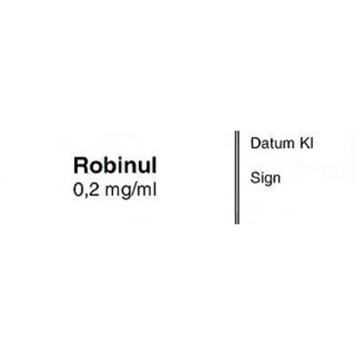 Sprøjteetiket Robinul 0,2 mg/ml - 12x50 mm hvid med sort tekst - 500 stk.