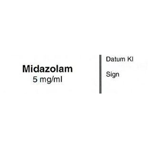Ruiskutarra Midazolam 5 mg/ml - 12x50 mm valkoinen mustalla tekstillä - 500 kpl