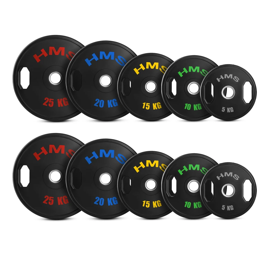 Gummibelagte olympiske vægtskiver 2 x 5–25 kg i alt 150 kg HMS