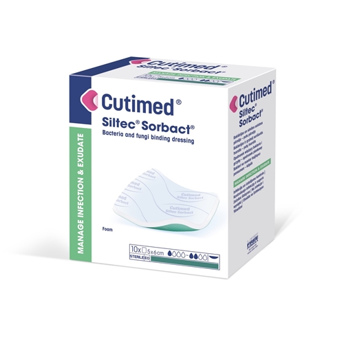 Bakteriebindende skumbandage Cutimed Siltec Sorbact - 5x6cm - 10 stk