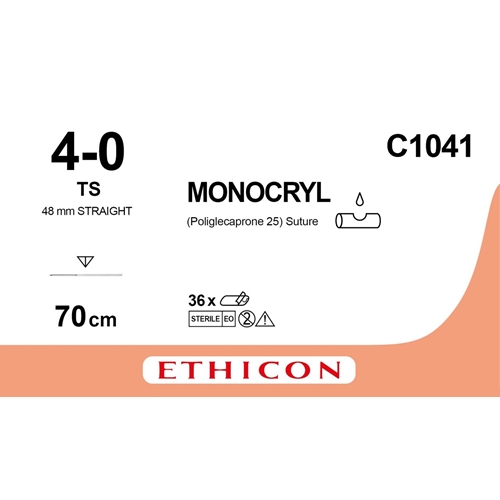 Monocryl-ommel 4-0 TS 70 cm - 48 mm suora neula - 36 kpl