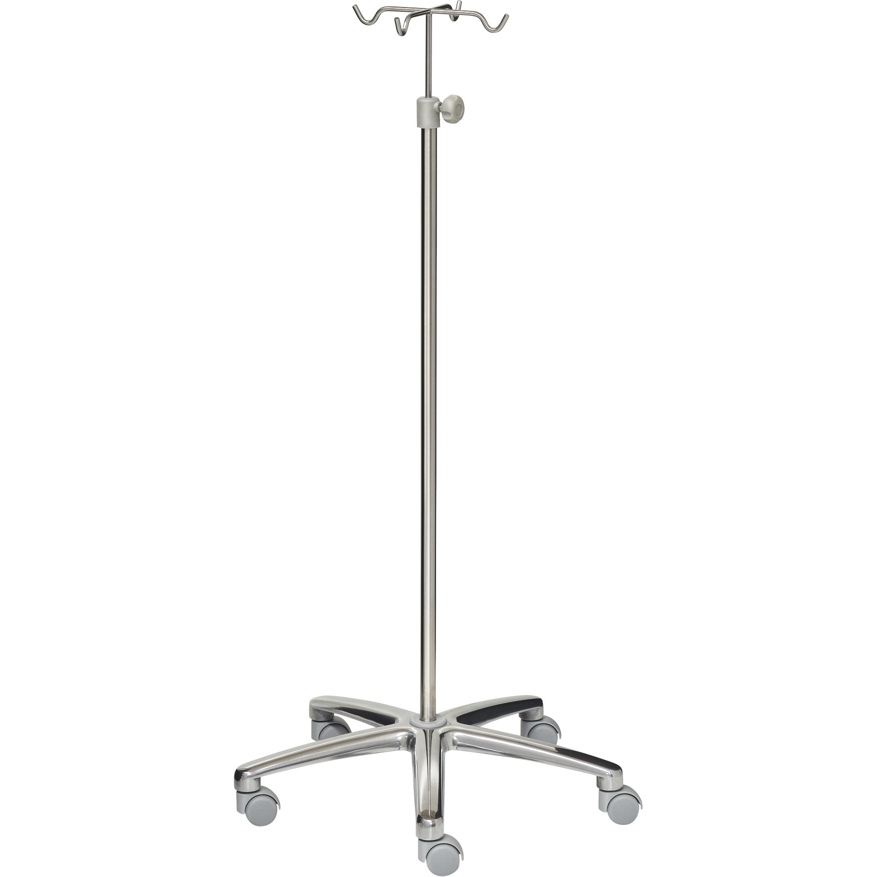 Stojak infuzyjny - stojak IV - 4 haczyki - stal chromowana (nierdzewna) - szare kółka