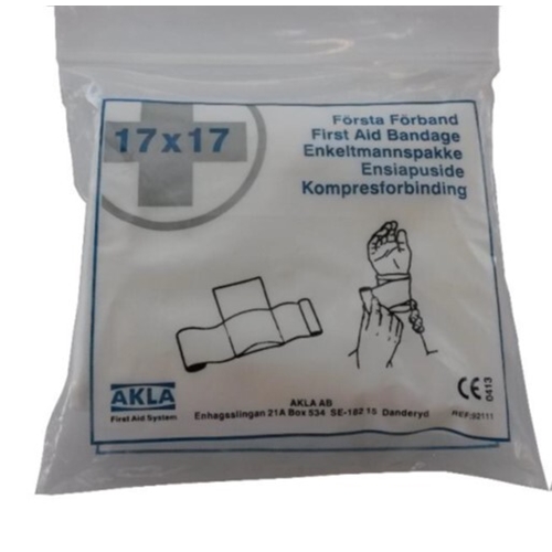 Akla førstehjælpsforbinding - 17x17 cm kompres + elastisk bind 8 cm x 3 m