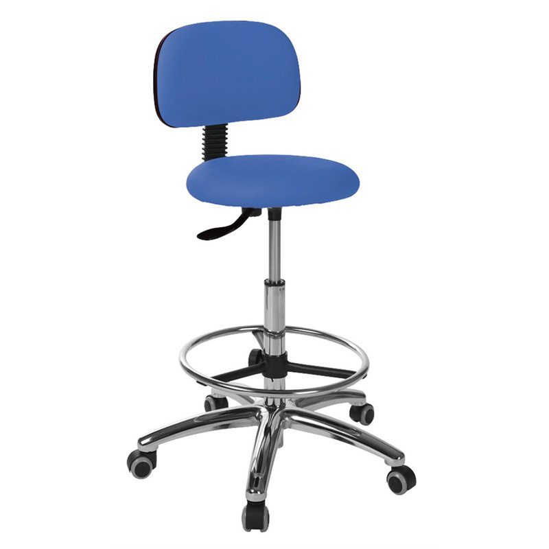 Hoher Arbeitsstuhl mit runder Sitzfläche und Ringfußstütze