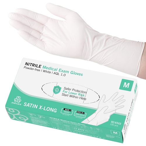 Evercare PF nitrilhandske - M satin X-long hvid AQL 1 0 - 100 stk