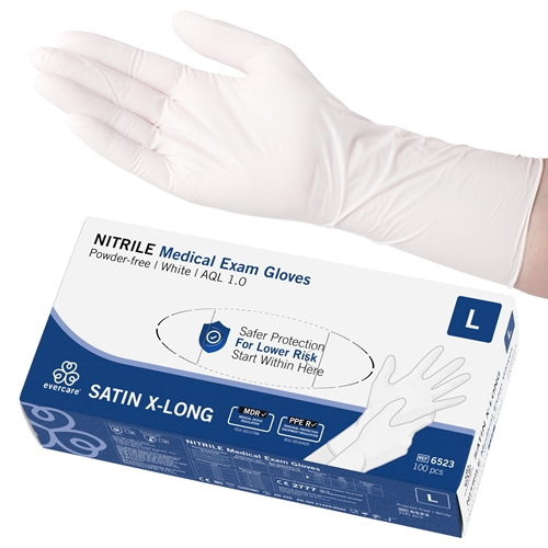 Evercare nitrilhandsker PF - L Satin X-Long hvid AQL 1,0 - 100 stk