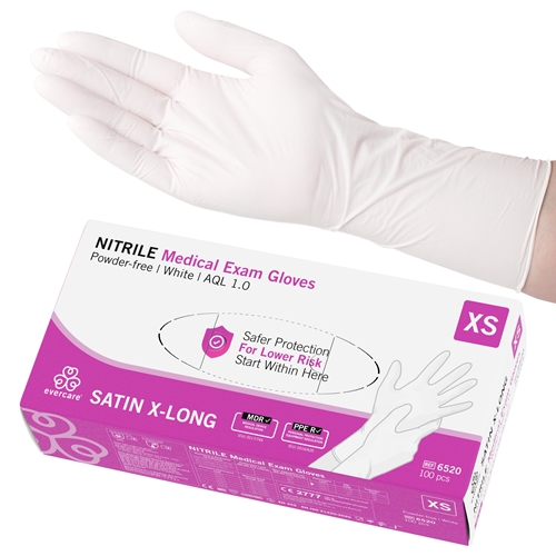 Nitrilhandschuhe Evercare PF XS Satin X-Long weiß AQL 1.0 100 St.