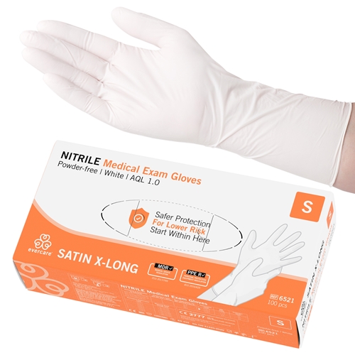 Einweghandschuhe aus Nitril Evercare PF - S Satin X-Long weiß AQL 1.0 - 100 St.
