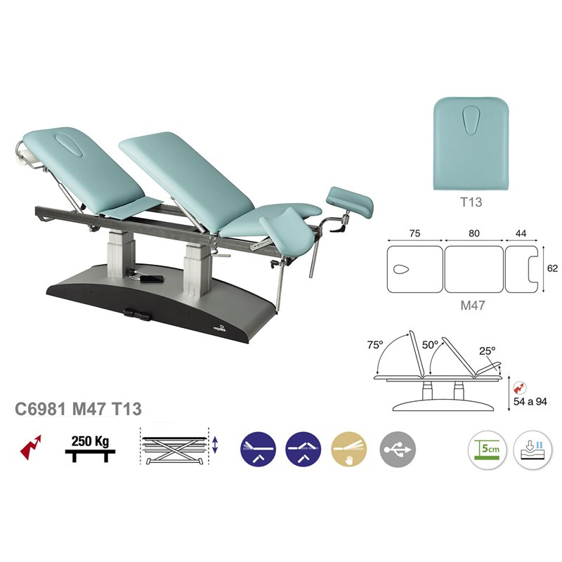 Elektryczny fotel ginekologiczny łączony z leżanką badawczą ze stabilną podstawą - 62cm