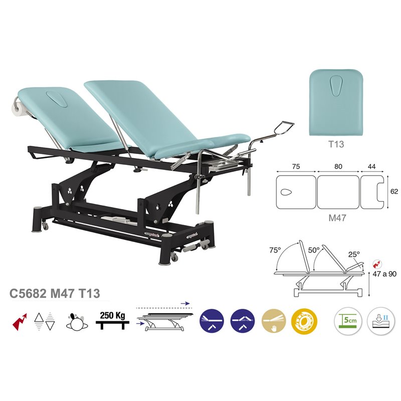 Elektryczny fotel ginekologiczny 2 w 1 / leżanka do badań z czarną podstawą - 62cm