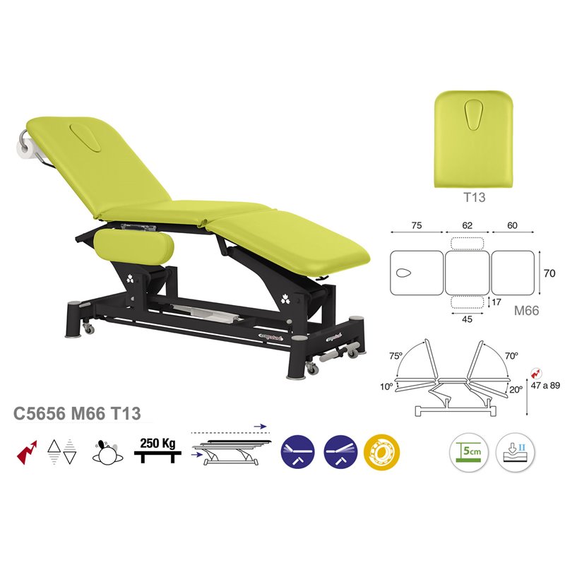 Elektryczny 3-częściowy stół zabiegowy z podłokietnikami i czarną podstawą - 70cm