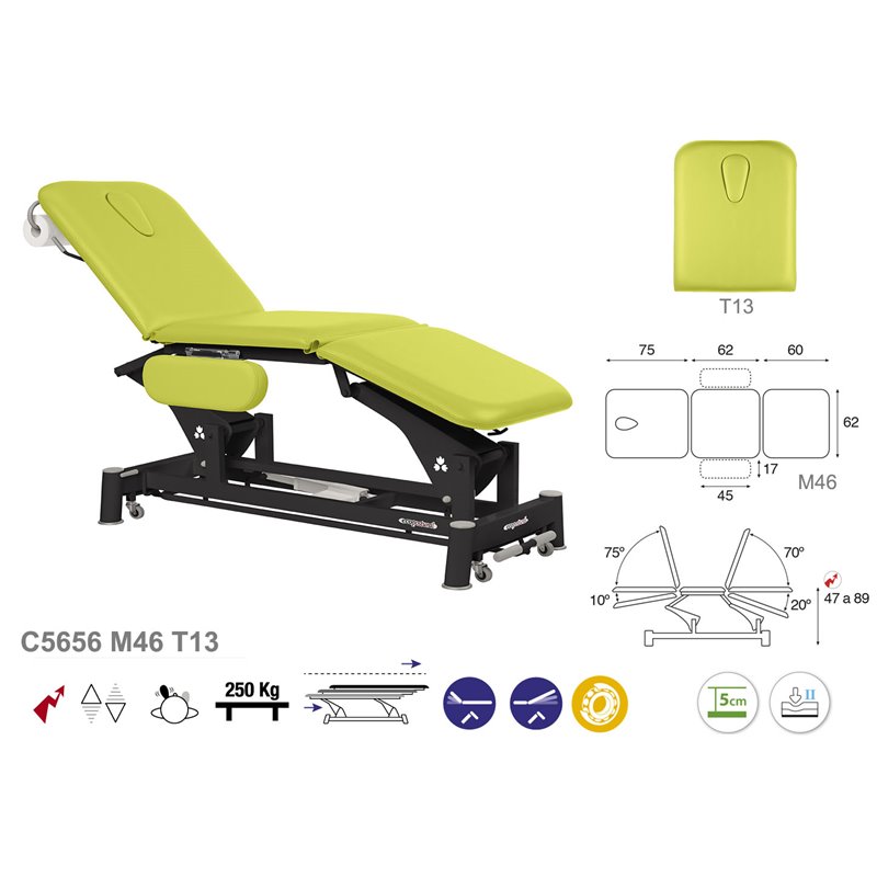 Elektryczny 3-częściowy stół zabiegowy z podłokietnikami i czarną podstawą - 62cm