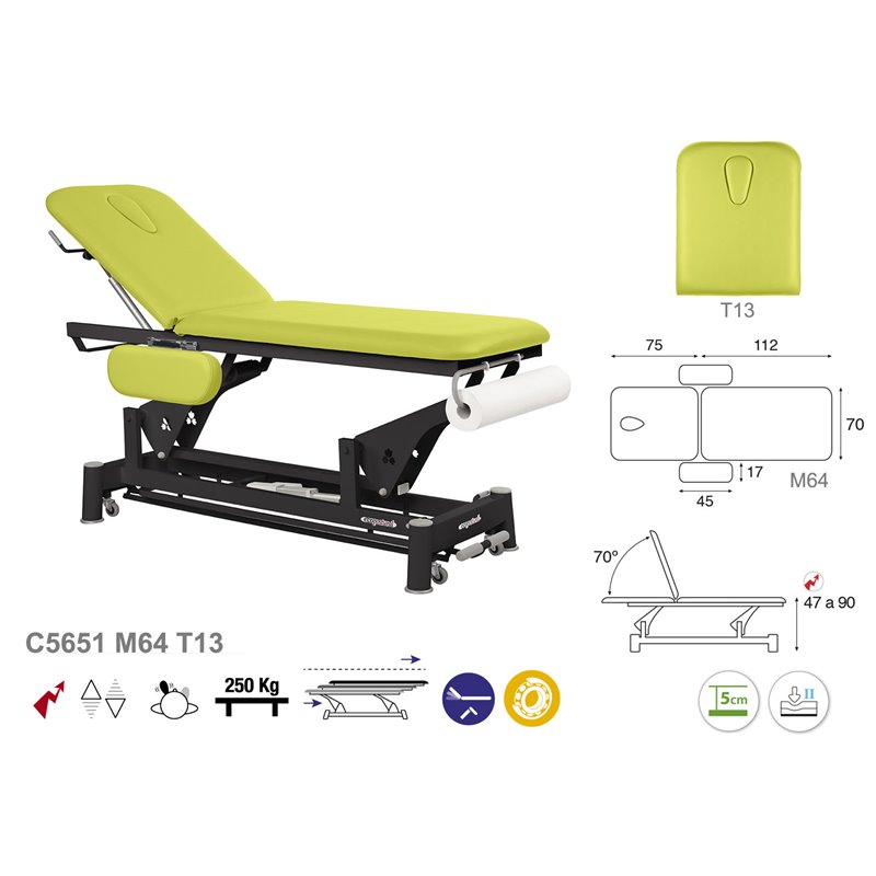 Elektrische 2-teilige Behandlungsliege mit Armlehnen und schwarzem Untergestell - 70cm