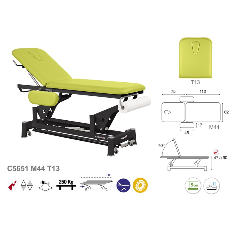 Elektrisk 2-delt behandlingsbriks med armlæn og sort understel - 62cm