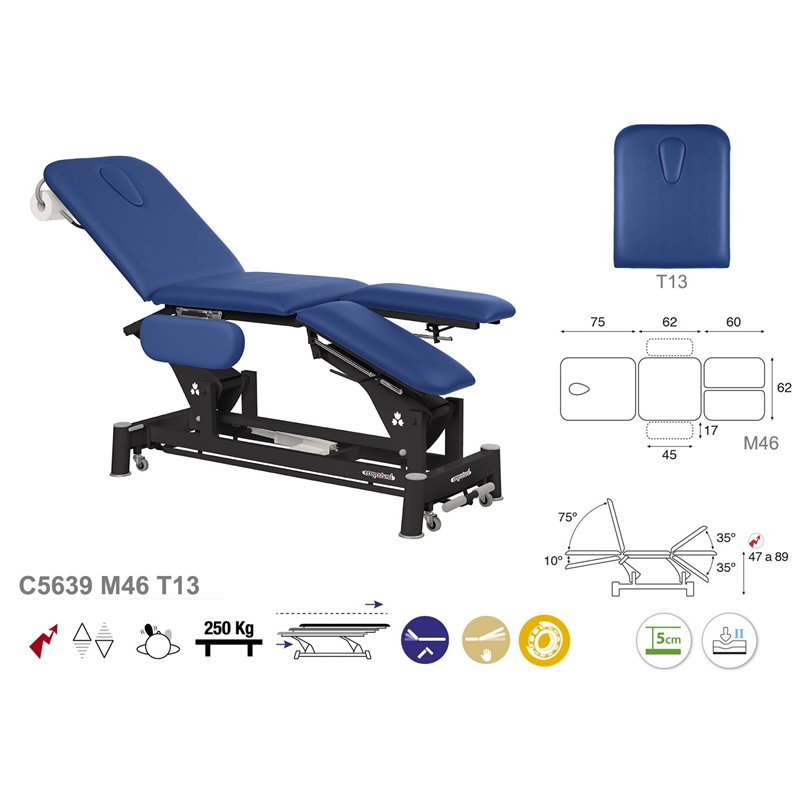 Elektrische 3-teilige Behandlungsliege mit Armstützen separaten Beinauflagen und schwarzem Untergestell - 62cm