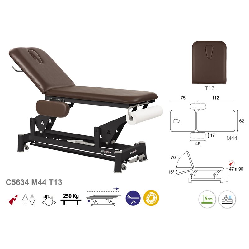 Elektrische 2-teilige Untersuchungsliege mit Armlehnen und schwarzem Untergestell - 62cm