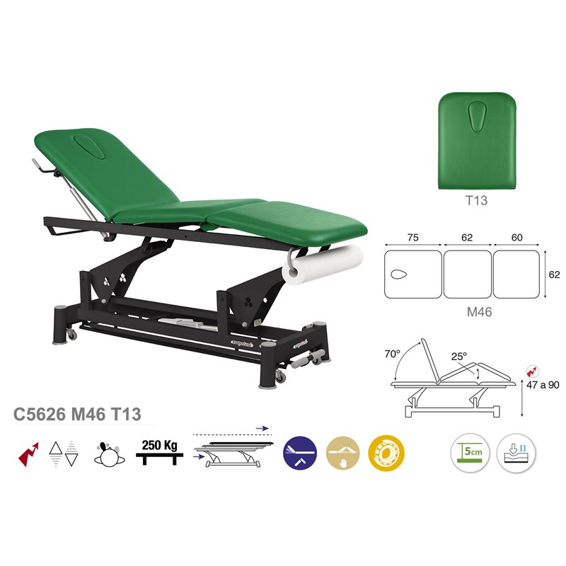 Elektrische 3-teilige Behandlungsliege mit Liegenpapierhalter und schwarzem Untergestell - 62cm