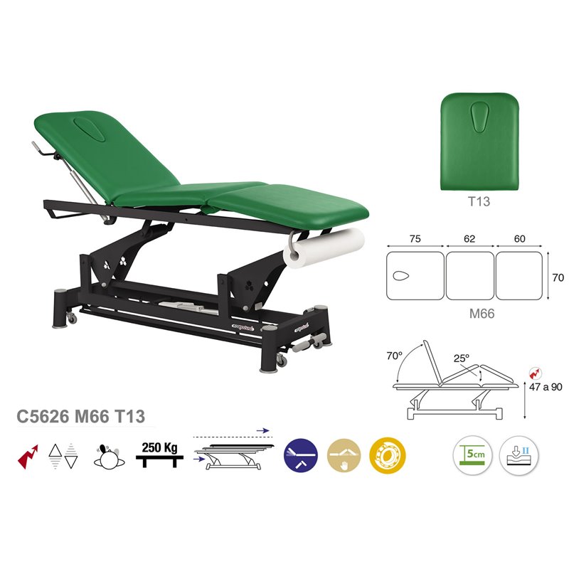 Elektrische 3-teilige Behandlungsliege mit Liegenpapierhalter und schwarzem Untergestell - 70cm