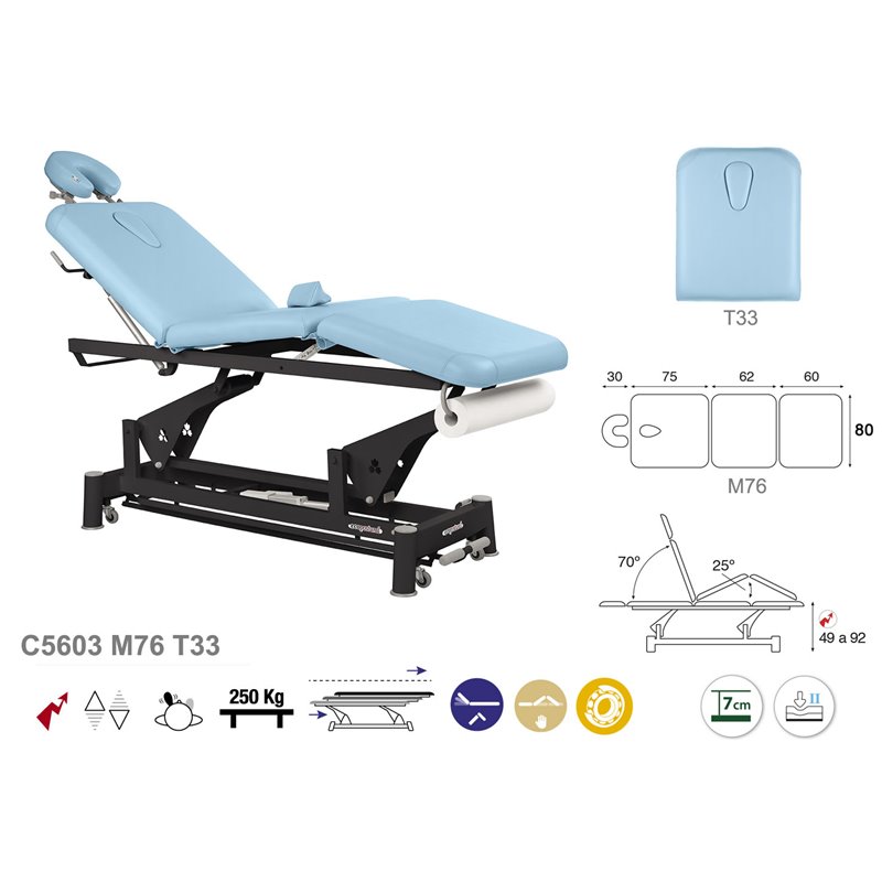 Elektrische 3-teilige Behandlungsliege mit Kopfteil und schwarzem Untergestell - 80cm