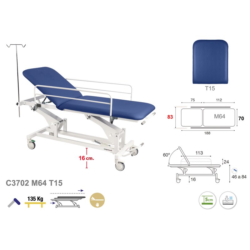Hydrauliczne nosze pacjenta z barierkami bocznymi i stojakiem na kroplówkę - 70cm