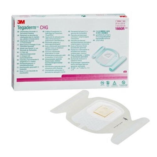 Keskuslaskimokatetrin kiinnityssidos Tegaderm CHG - 7x8,5 cm vahvistettu halkiolla - 25 kpl