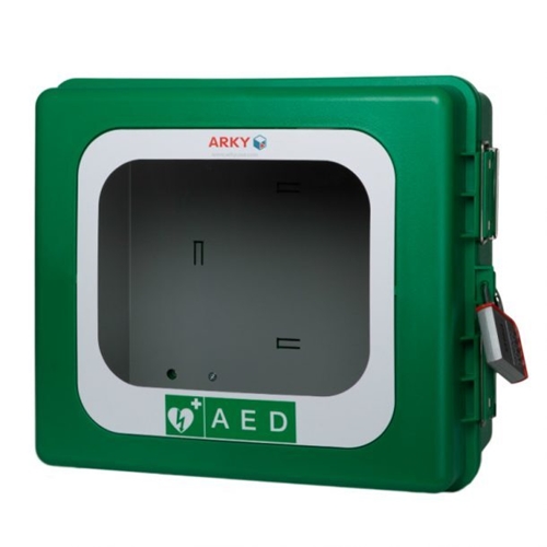 Udendørs vægskab til AED med eltilslutning alarm grøn