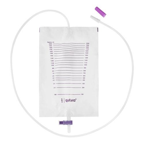 Tyhjennettävä virtsapussi Qufora - 2,0L 130cm T-venttiili - 10 kpl