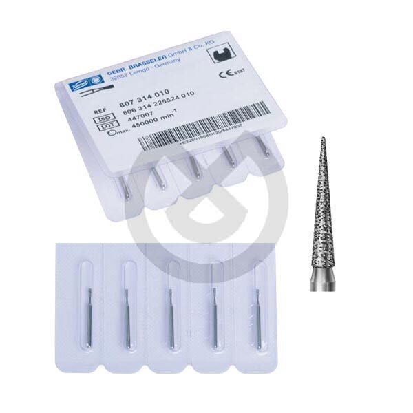 Diamantborr för turbinvinkelstycke, modell 858, spetsig kon, aktiv längd 8 mm – Burs F.G. 858Ef-314-014-K Diam. Xfine