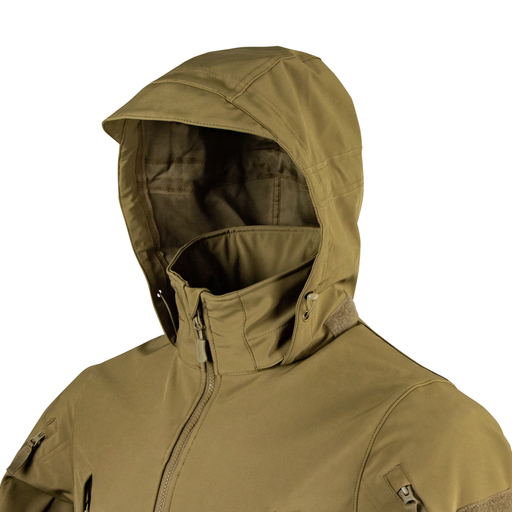 Image of the hood up on the summit zero softshell