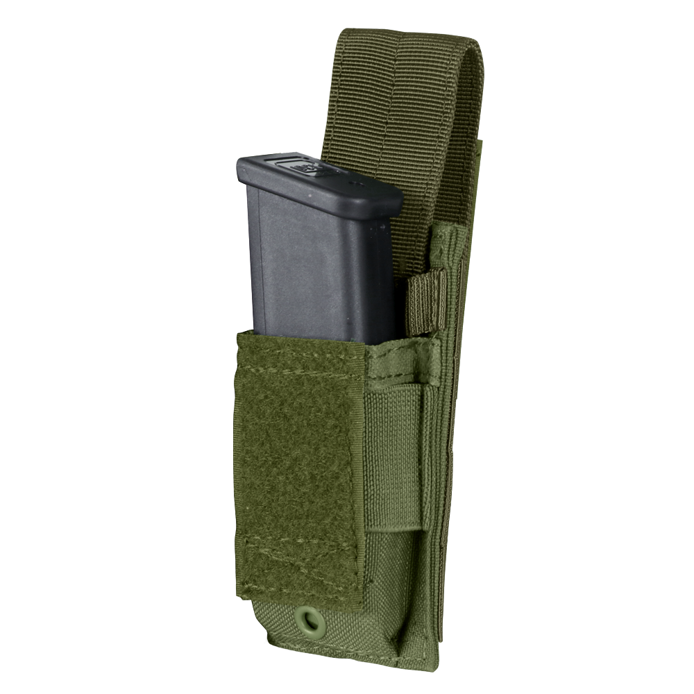 image of the single pistol mag pouch with a magazine in and the hook and loop cover tucked behind the magazine