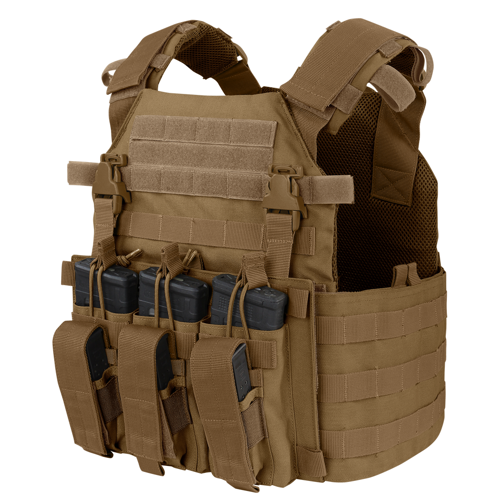Image of the front of the Vanquish plate carrier with the a mag placard attached
