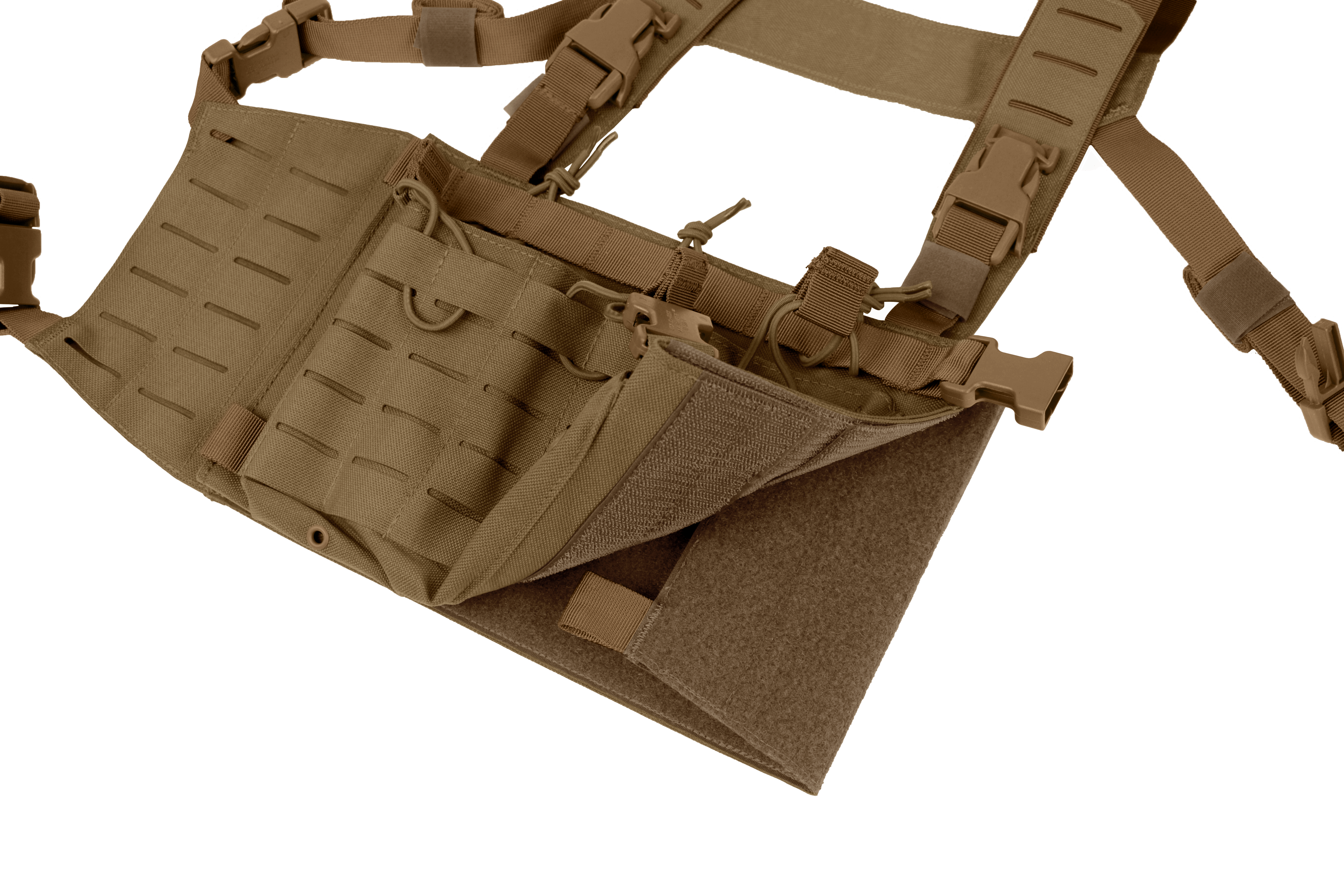 Image of the harness fold into itself in order to allow for a micro chest rig configuration without the extra side panels if not needed.