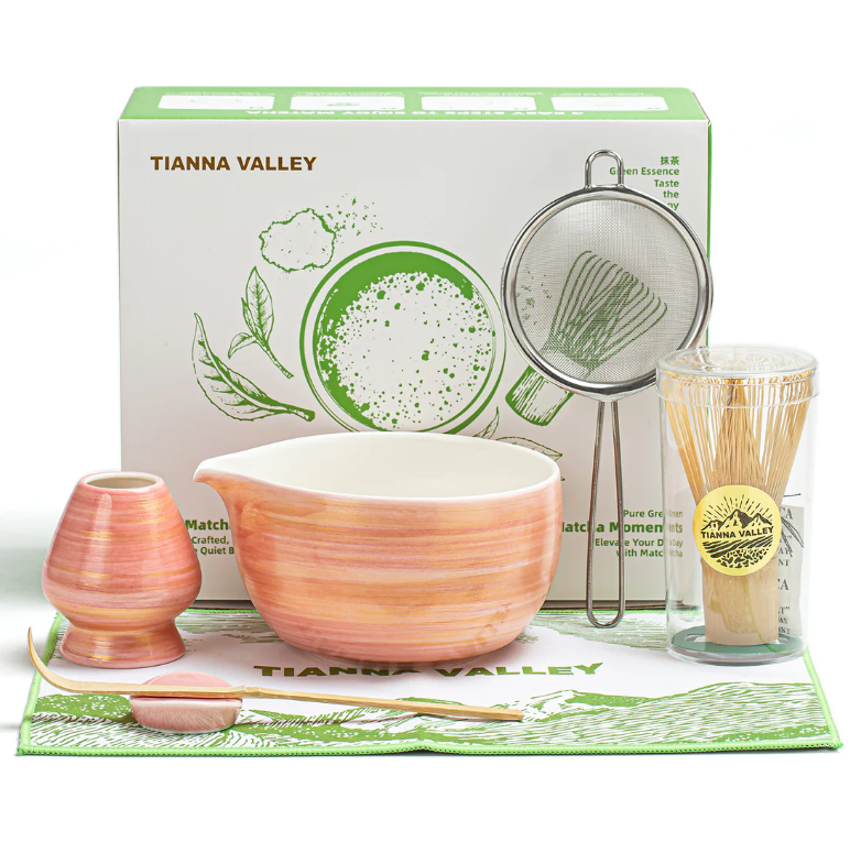 Matcha Set Orange Streifen mit Ausgiessschale 7-tlg.