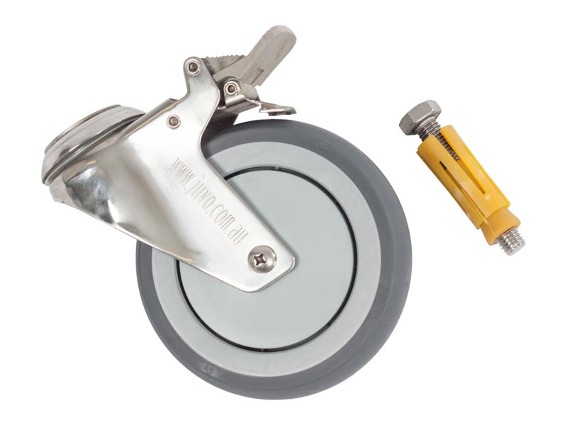 Castor, Braking, 125mm, Juvo, Stainless Steel, with Bolt & Expanding Pintle