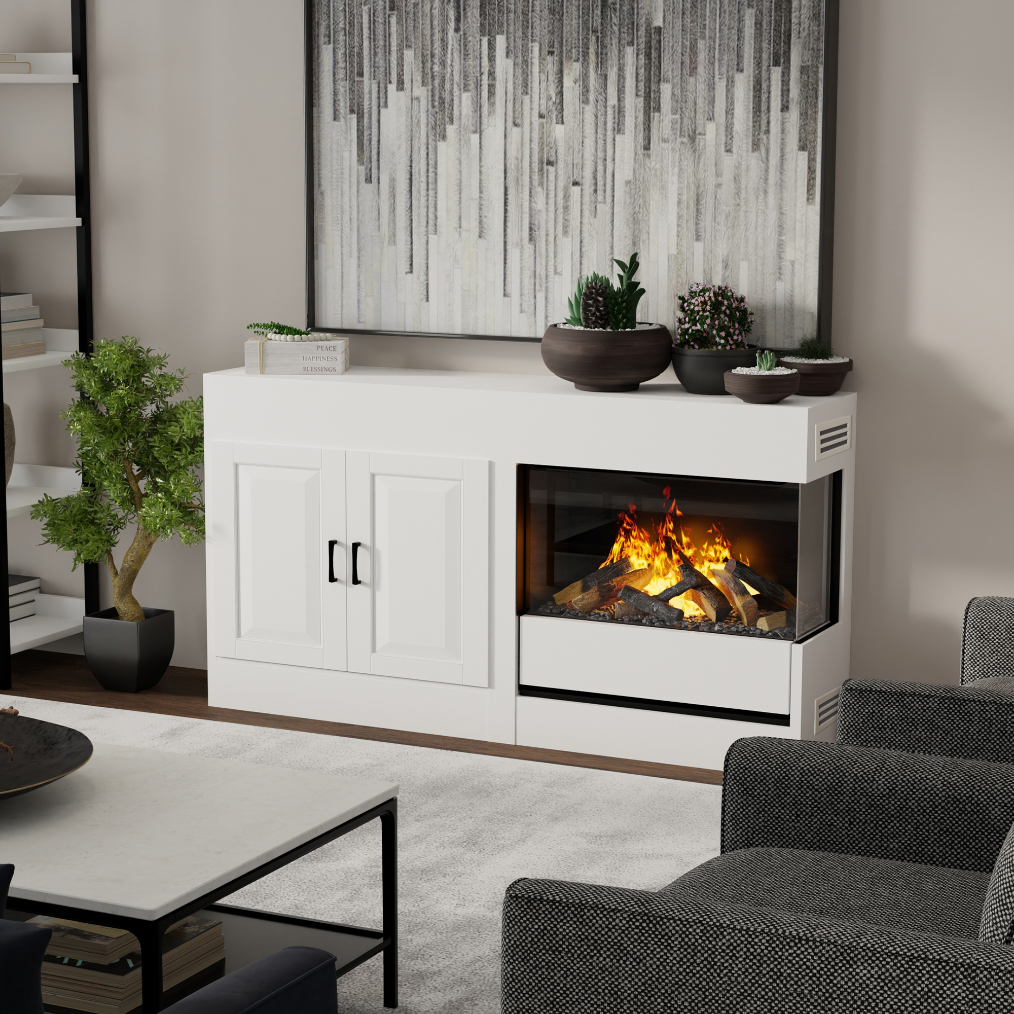 Optimyst Aura in a corner fireplace setting