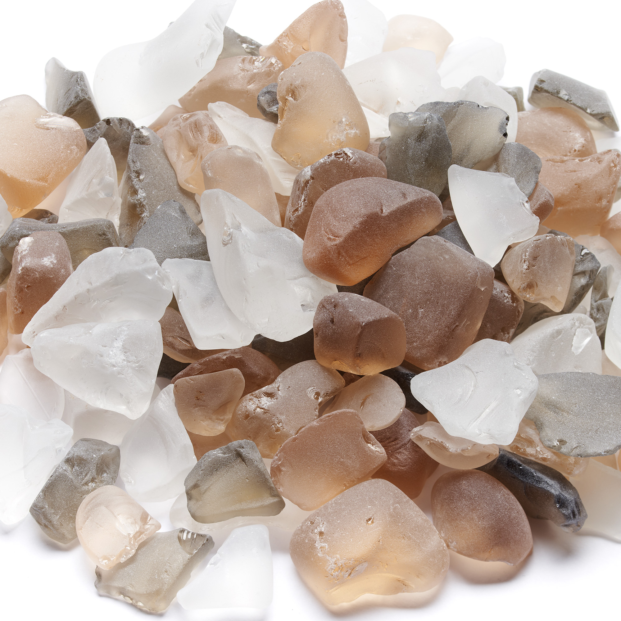 Included amber, charcoal and white tumbled glass