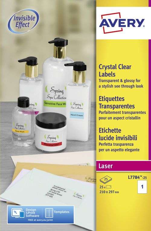 Avery L7784-25 Crystal Clear Labels 25 sheets - 1 label per sheet